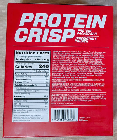 成分表-BSN Protein Crisp（プロテインクリスプ） パック入りプロテインバー 塩味タフィープレッツェル味のレビュー！【iHerb】